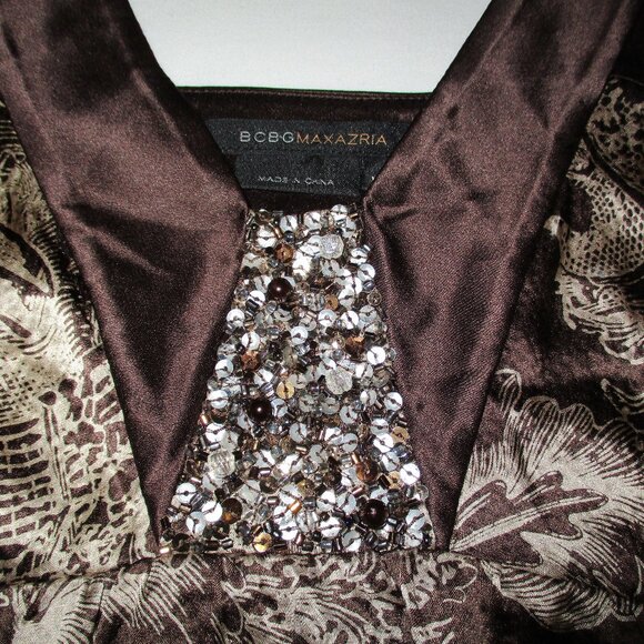 BCBG MAX AZRIA Brown & White Print Textured Paisley Silk Sleeveless Dress - Picture 3 of 7